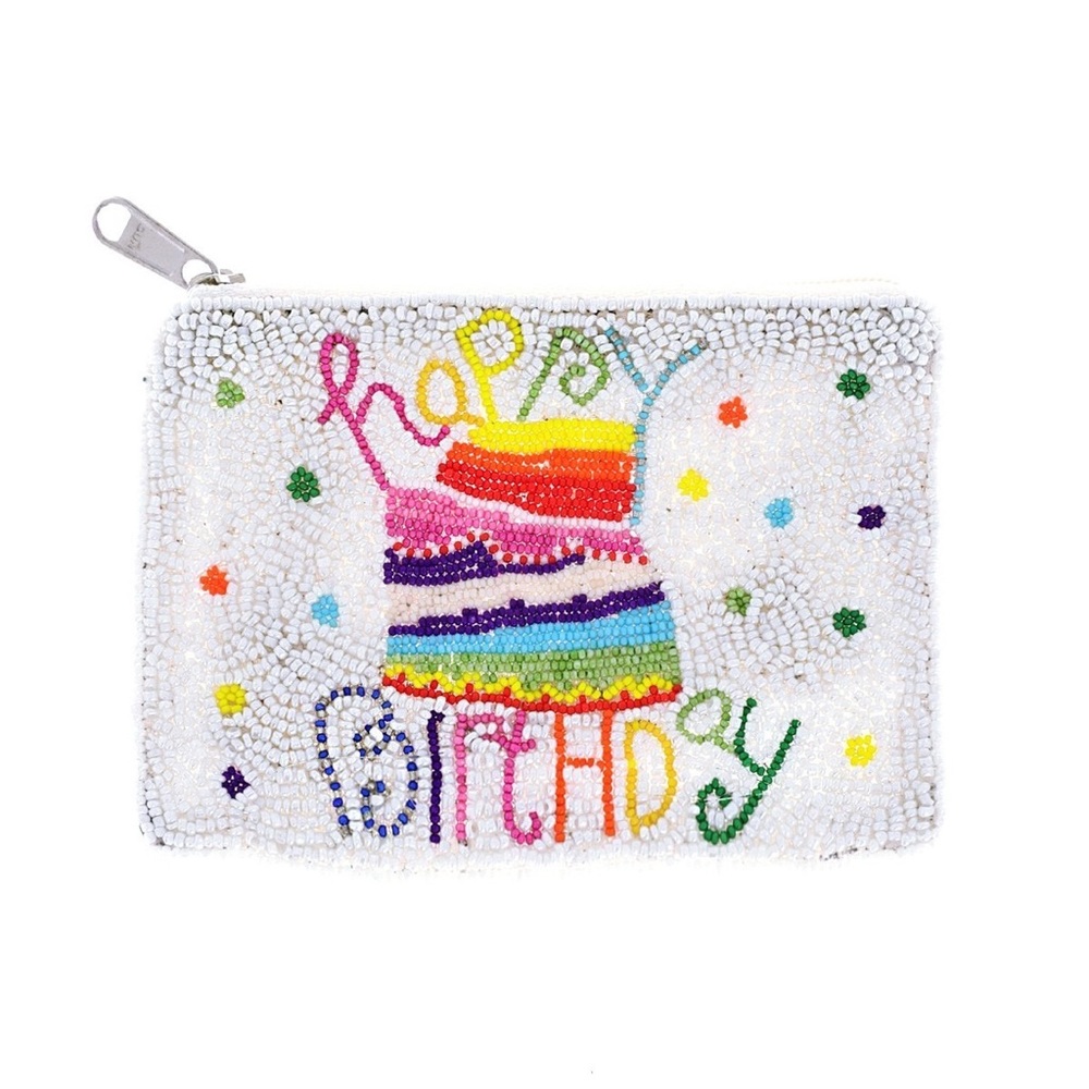 White Handbeaded Happy Birthday Coin Purse